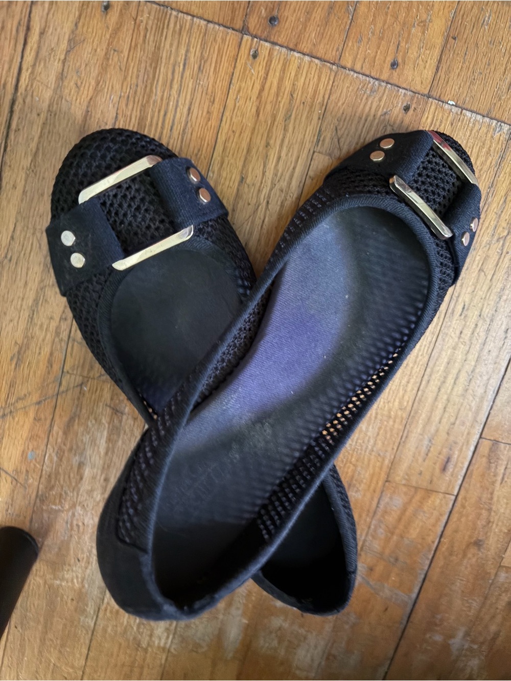 Black Mesh Ballet Flats with Metallic Buckle